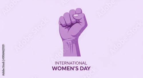 Raised fist celebrating international women's day with purple background and bold typography