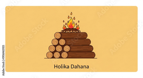 Holika dahan festival bonfire illustration with burning logs on yellow background
