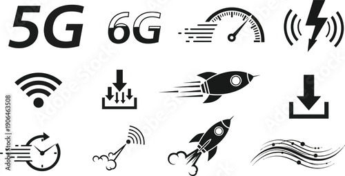 Black and white icons depicting 5g and 6g wireless communication symbols with various related graphics