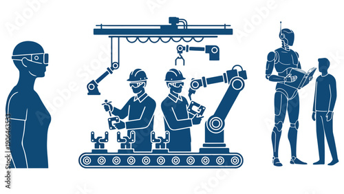 A group of workers and robots collaborating in a modern factory setting with industrial machinery