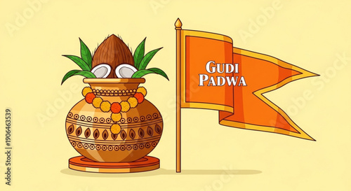 Traditional indian clay pot with coconut and flag for gudi padwa festival celebration