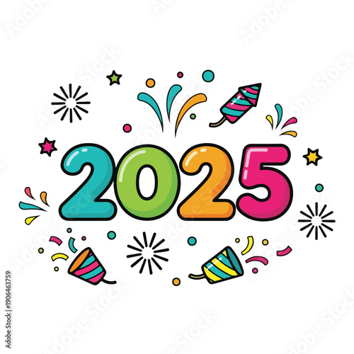 A colorful illustration of 2025 surrounded by festive party elements