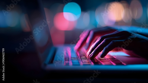 Close-up of hands typing on a laptop keyboard with colorful bokeh lights in the background.