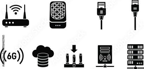 Black and white icons of various internet and networking devices and symbols