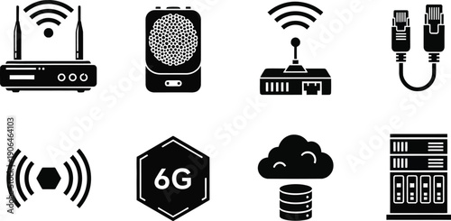 Black icons of various 6g wireless internet and network devices