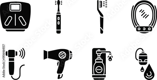 Black icons of various bathroom and haircare items