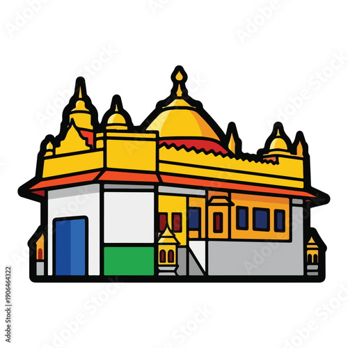 A colorful cartoon illustration of a building with multiple domes and towers