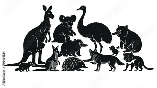 A group of Australian animals in black silhouette on white background
