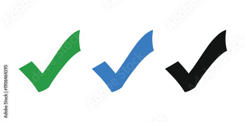 Green Blue and Black Checkmark Vector Icons Set, Minimalist Correct Choice and Approval Symbols Isolated on White Background