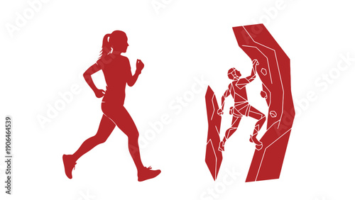 A woman running and a man rock climbing in red silhouette