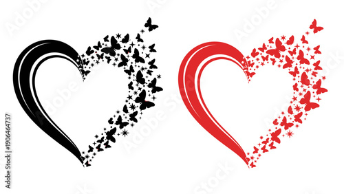 A creative illustration of two hearts made of butterflies in black and red