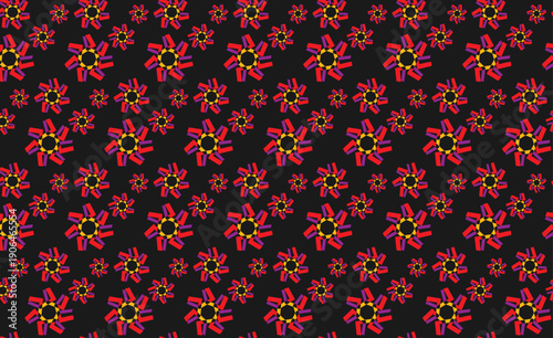 Illustration with a background of fabric, paper, geometric floral patterns, and a black background.