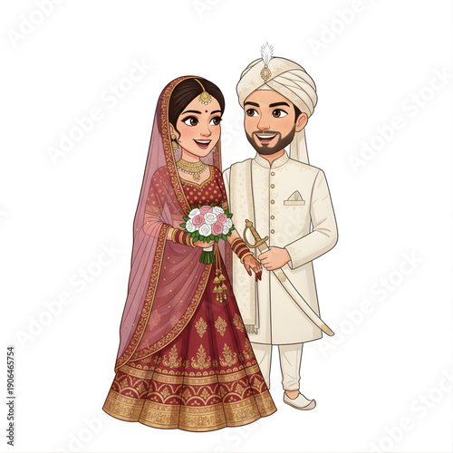 Bride and groom posing for wedding photoshoot, romantic vector caricature