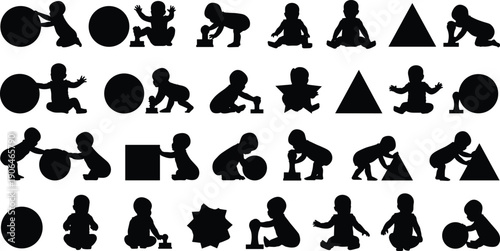 Baby silhouette playing with shapes, infant motor skill development, toddler learning activities, geometric toys concept, black baby silhouettes isolated illustration