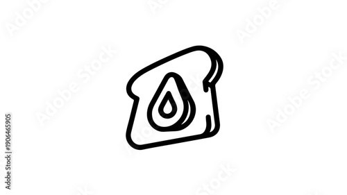 Minimalist black line icon of a slice of avocado on toast with oil drop