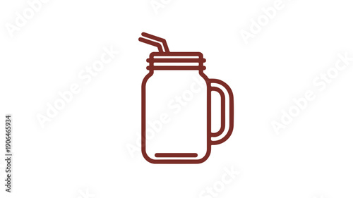 A minimalist black line icon of a smoothie in a mason jar with a straw and handle on a white background