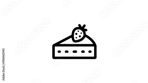 Minimalist black line icon of a slice of new york style cheesecake with strawberry