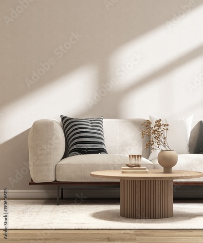 Beige modern sofa with cushions and coffee table on cream rug, wooden parquet floor in minimal living room in sunlight on wall for luxury interior design decoration, product background 3D