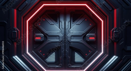 Futuristic SciFi Octagonal Heavy Metal Hatchway With Red Neon Glow And Blue Light Grids In