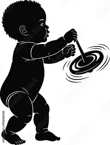 Baby silhouette spinning toy with stick, infant cause and effect learning concept, toddler coordination activity, early childhood motor development illustration isolated