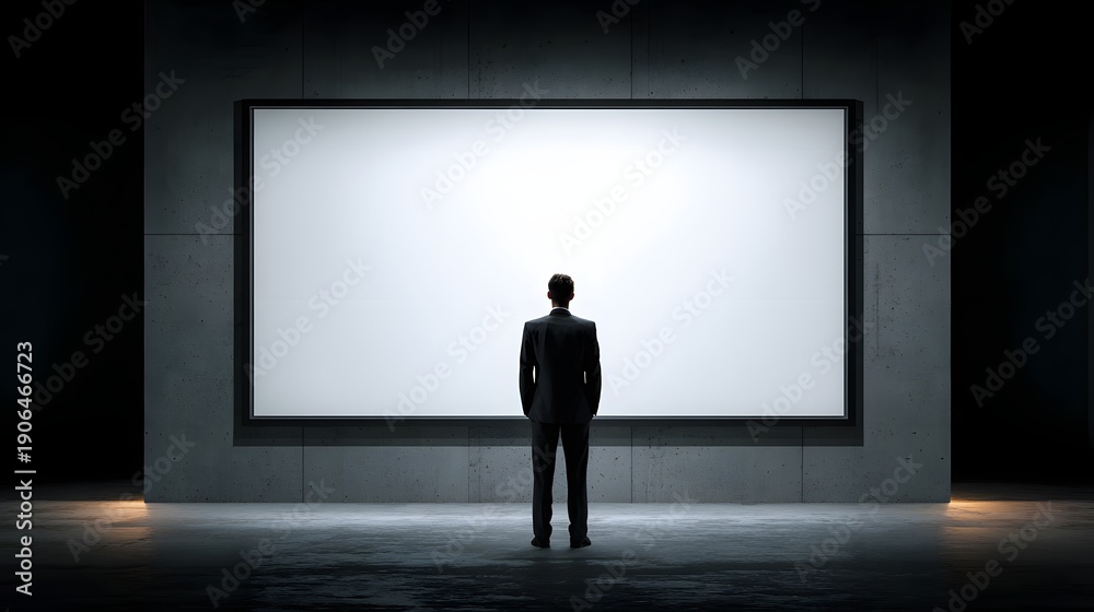 Fototapeta premium Man in suit stands before a large blank screen in a dark, minimalist room, contemplating a new beginning.