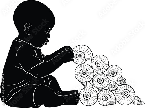 Baby silhouette stacking spiral shells, creativity, problem solving, patience, balance, early learning, growth mindset and development concept illustration