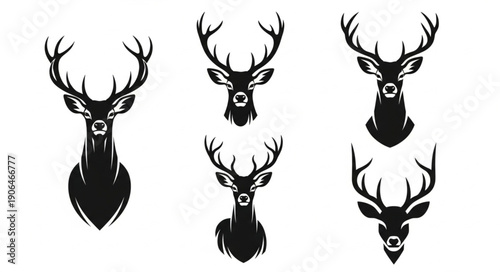 Collection of Majestic Deer Heads with Antlers in Silhouette Style.