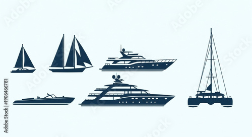 Collection of Luxury Yachts and Sailboats Silhouettes.