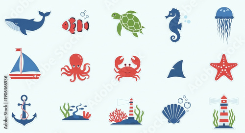 Collection of marine life and nautical elements.