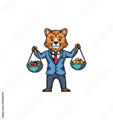 Cartoon cat holding balance bowls business illustration