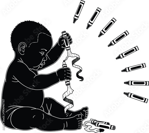 Baby silhouette transforming crayons into flowing shapes, creativity, artistic exploration, experimentation, imagination, early learning and creative development concept illustration