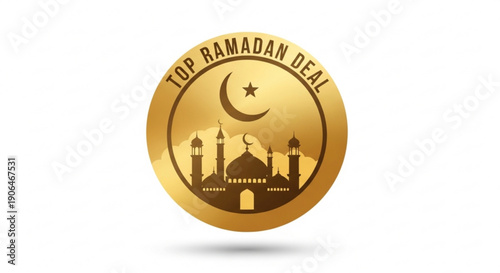 Golden ramadan deal badge with mosque silhouette and crescent moon