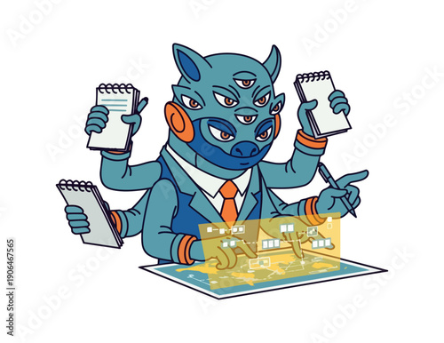 Multifaceted creature overseeing property development vector illustration