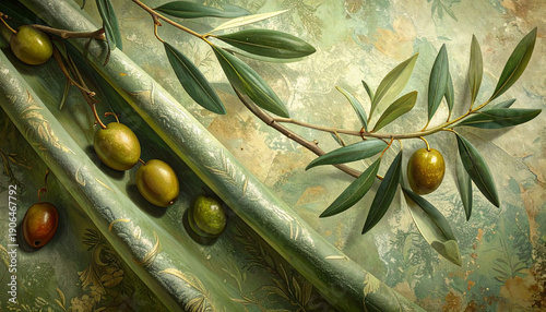 Elegant Mediterranean olive tree branch pattern for textile and wallpaper design.