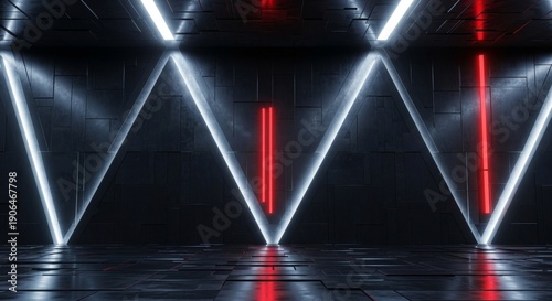 Dark Futuristic Room With Geometric Neon Light Design And Red Accents