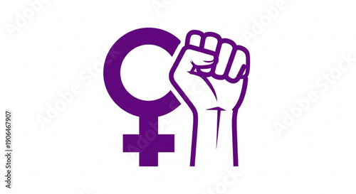 Feminist symbol with raised fist and venus sign in purple representing female empowerment and equality