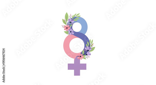 Venus symbol with floral wreath female sign gender equality icon symbol of women's rights feminist logo purple pink blue flowers leaves decorative white background