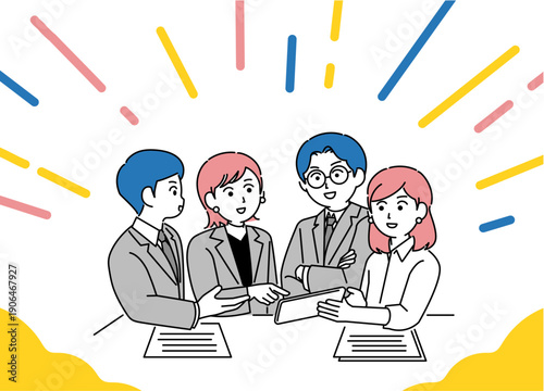 机の上で会議をする男女のビジネスパーソンのイラスト素材