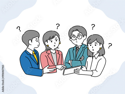 顔を合わせ会議をする検討中の男女のビジネスパーソンのイラスト素材