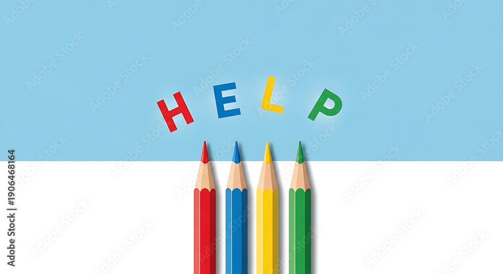 Fototapeta premium Colorful Pencils Forming Help Text on Blue Background, Support Concept