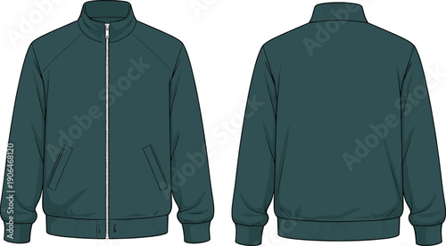 Dark green bomber jacket technical flat sketch, front and back view of men casual zip up outerwear, fashion apparel template