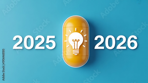 A yellow pill shaped like a capsule contains a glowing lightbulb with dates.