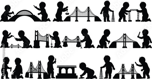 Baby silhouettes building bridges and structures, engineering imagination, construction play, problem solving, teamwork, future infrastructure development concept illustration