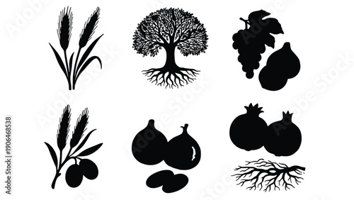 A vibrant illustration of Tu Bishvat with various fruits and plants