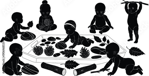 Baby silhouettes exploring natural objects and sensory play, early childhood development, nature learning, curiosity, eco education, creative discovery illustration