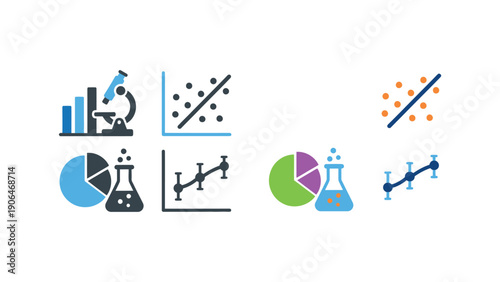 A collection of scientific icons and graphs on a white background