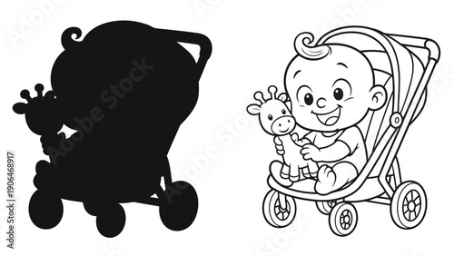 A baby sitting in a stroller with a toy giraffe beside him