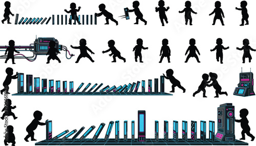 Baby silhouettes interacting with futuristic devices and domino effects, cause and effect, technology impact, chain reaction, future learning concept illustration