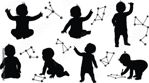 Baby silhouettes interacting with abstract data networks and nodes, systems thinking, pattern recognition, STEM learning, future intelligence concept illustration