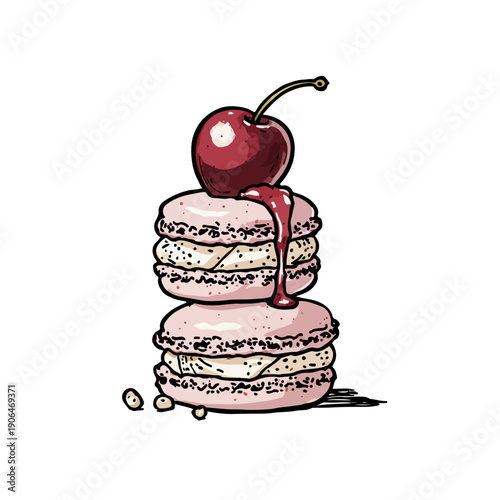 Macaroon Cake Hand Drawn Sketch Watercolor Style. Pink Macaroons with Cherry Vector illustration Hand Drawn Style for Trendy Design